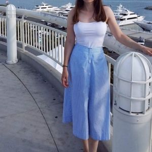 Blue white striped midi pull-on preppy skirt